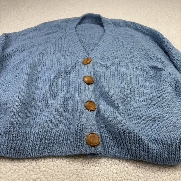 Handmade Knit Blue Chunky Hand Knit Big Wooden Buttons Cardigan Sweater Womens - Picture 2 of 8